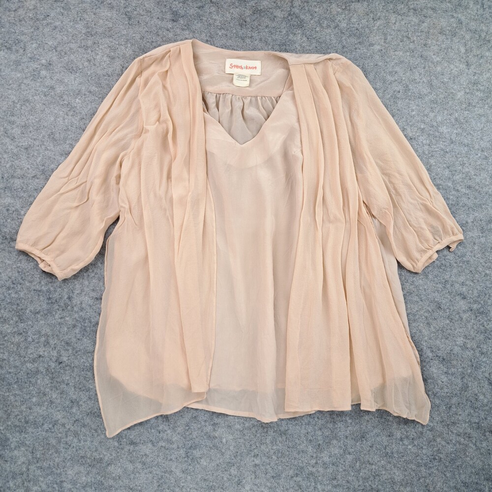 Stitch Knot Shirt Womens Large Pink Silk V Neck Tunic Top Flowy Elbow Sleeve